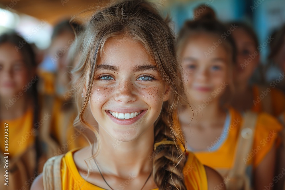 A confident young girl with sparkling blue eyes and a broad smile stands among peers A confident young girl with sparkling blue eyes and a broad smile stands among peers