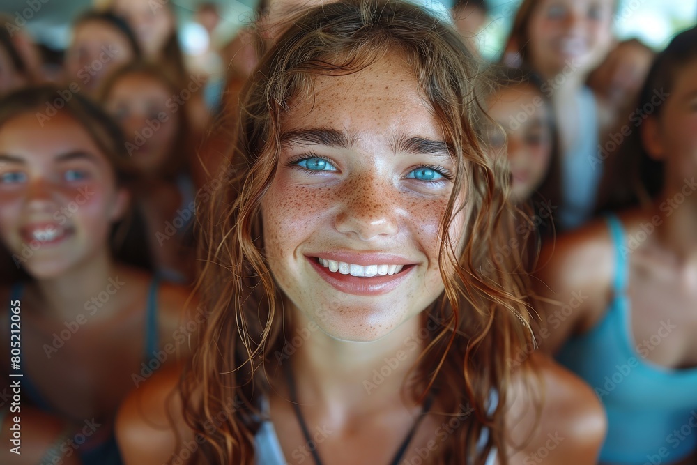 A jovial young girl with freckles and blue eyes smiles brightly in a crowded setting A jovial young girl with freckles and blue eyes smiles brightly in a crowded setting