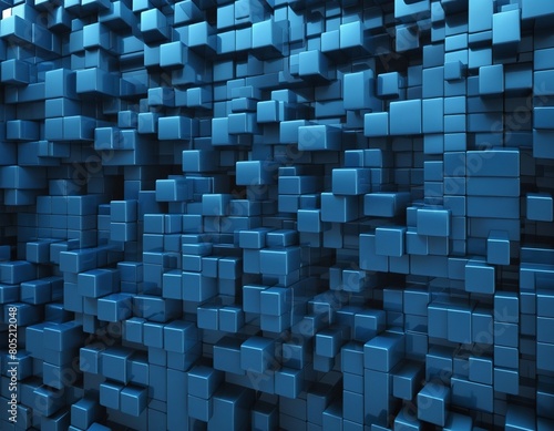Perspective view of mosaic of many metallic blue stacked cubes , abstract tech style background, infinity concept