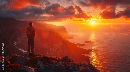 A lone man stands atop a rocky mountain  gazing at a stunning sunset that illuminates the sky and ocean in a dramatic display.