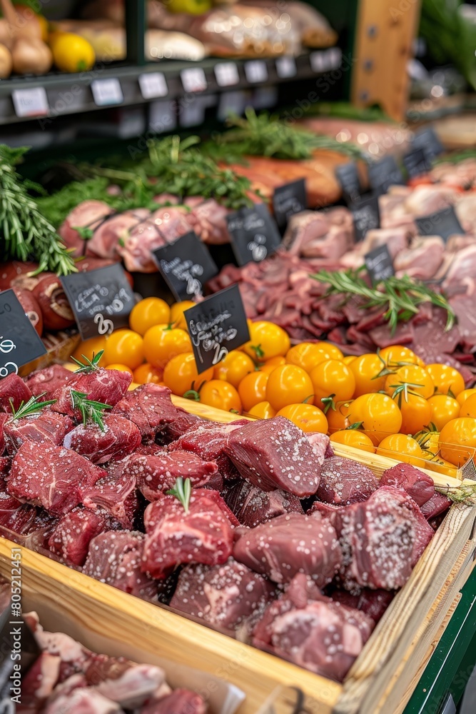 Selection of meat cuts on wooden tray in butcher shop with empty price tags wide banner copy space Selection of meat cuts on wooden tray in butcher shop with empty price tags wide banner copy space