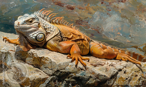 A colorful iguana sunning itself on rocks by the water s edge. Generate AI