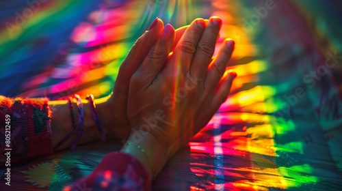 Rainbow light spectrum on hands in prayer pose. Close-up of a person's hands folded together with a vibrant rainbow spectrum cast across them in a peaceful setting. photo