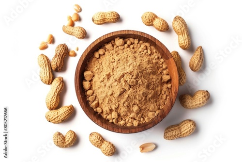 A wooden bowl filled with peanuts on a white surface. Perfect for food and snack related projects photo