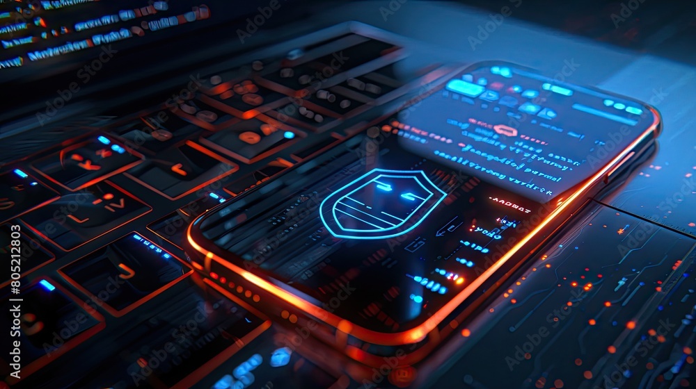 A closeup of an open laptop with the screen displaying code and a security shield icon, alongside a smartphone lying on top with its display showing blue lights symbolizing online data protection. A closeup of an open laptop with the screen displaying code and a security shield icon, alongside a smartphone lying on top with its display showing blue lights symbolizing online data protection.