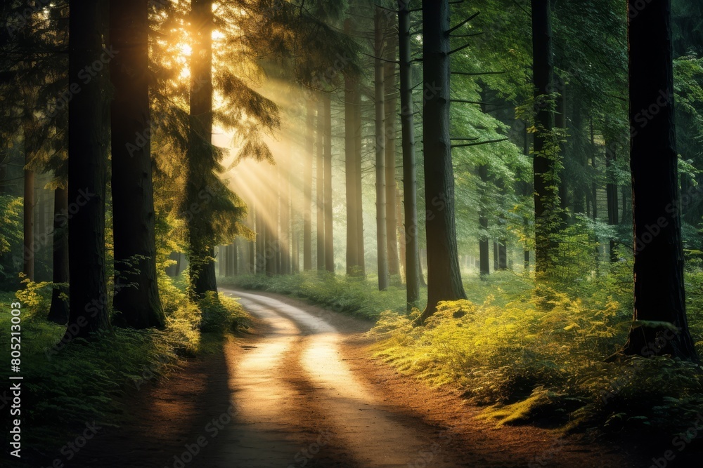 Magical summer scenery in a dreamy forest, with rays of sunlight beautifully illuminating the wafts of mist and painting stunning colors into the trees. High quality photo Magical summer scenery in a dreamy forest, with rays of sunlight beautifully illuminating the wafts of mist and painting stunning colors into the trees. High quality photo