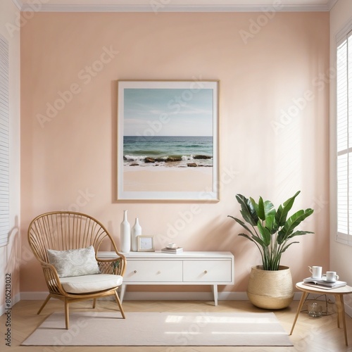 Mockup frame in interior background  room in light pastel colors  Scandi-Boho style  3d render