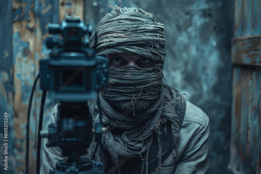 A suggestive depiction where the subject's identity is obscured, in a photographic setting with focus on equipment A suggestive depiction where the subject's identity is obscured, in a photographic setting with focus on equipment
