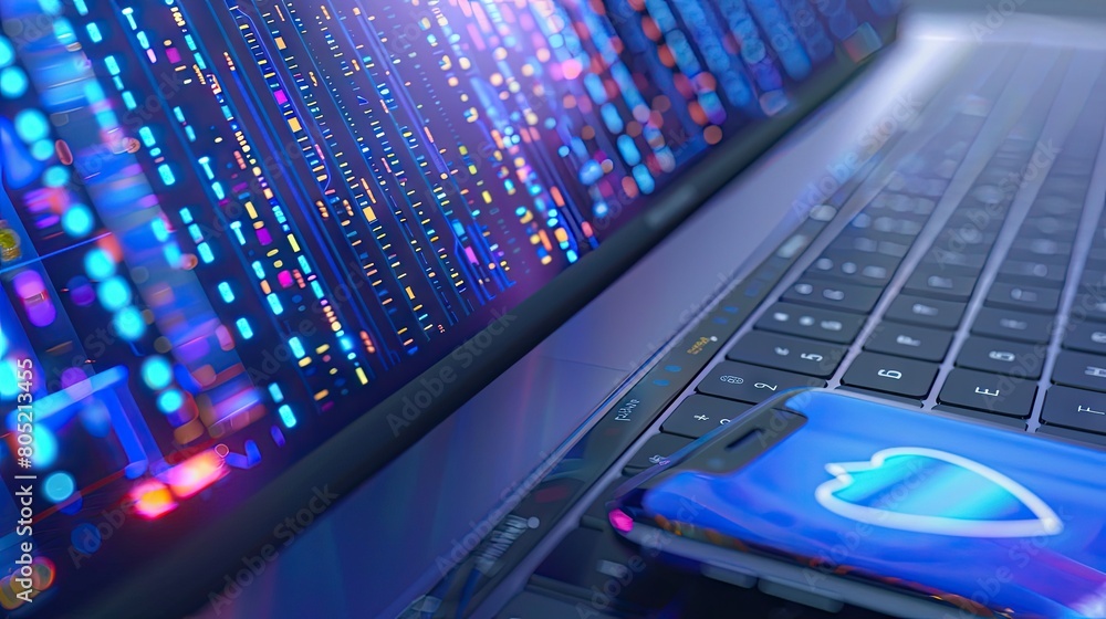 A closeup of an open laptop with the screen displaying code and a security shield icon, alongside a smartphone lying on top with its display showing blue lights symbolizing online data protection. A closeup of an open laptop with the screen displaying code and a security shield icon, alongside a smartphone lying on top with its display showing blue lights symbolizing online data protection.