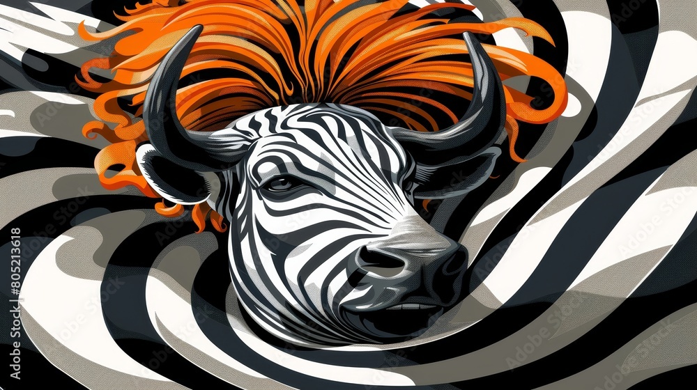 A zebra with an orange mohawk is depicted in the foreground, while a regular zebra head appears in the background A zebra with an orange mohawk is depicted in the foreground, while a regular zebra head appears in the background