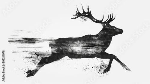  A black-and-white image of a deer with prominent antlers atop its head, not its back