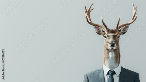  Man in suit and tie with a deer skull cap against gray backdrop
