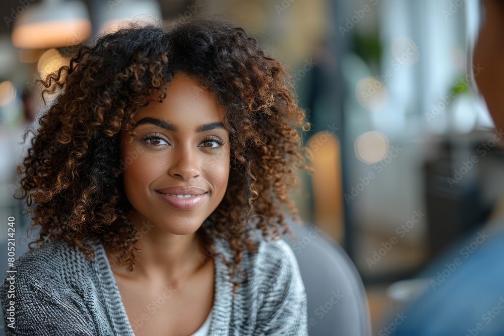A radiant young woman with curly hair shares a warm smile during a conversation in a well-lit space A radiant young woman with curly hair shares a warm smile during a conversation in a well-lit space