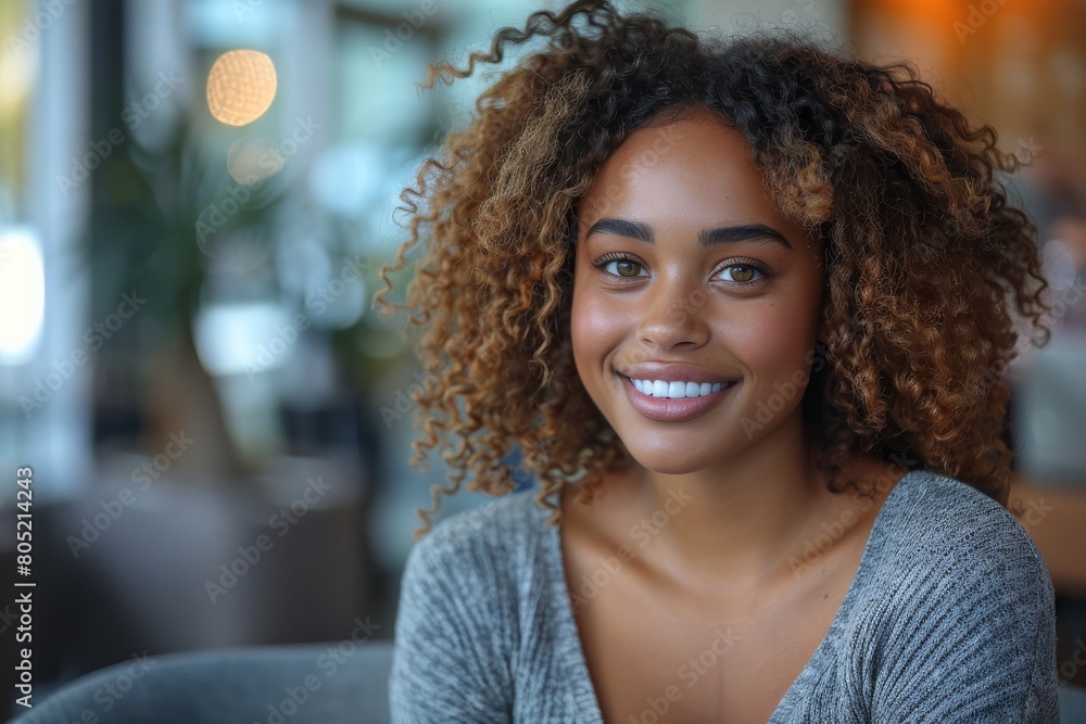 An engaging portrait of a young woman smiling warmly, wearing a gray sweater in a comfortable setting An engaging portrait of a young woman smiling warmly, wearing a gray sweater in a comfortable setting