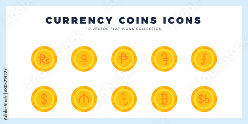 10 Currency Coins Flat icon pack. vector illustration.