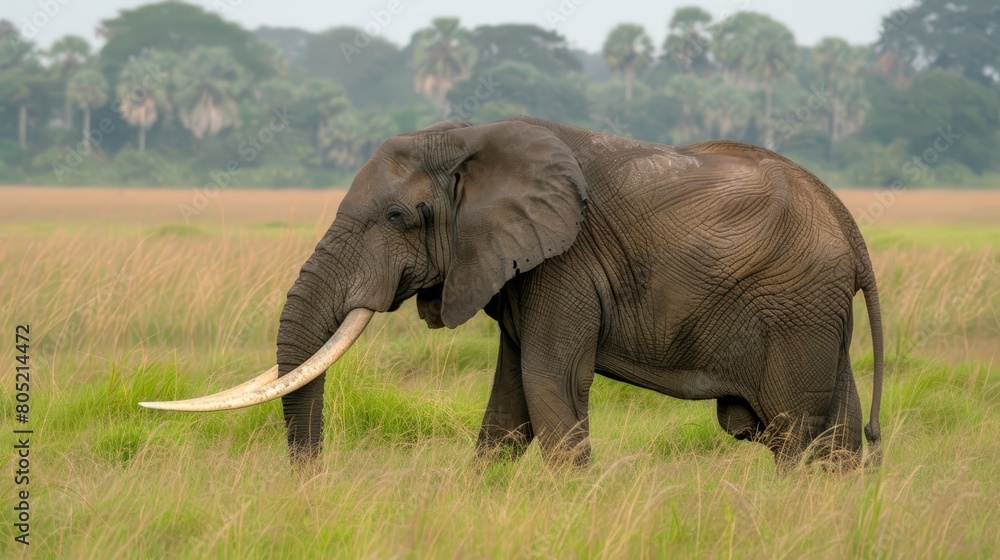 An elephant, featuring long tusks, stands amidst a field of tall grasses and trees in the background An elephant, featuring long tusks, stands amidst a field of tall grasses and trees in the background