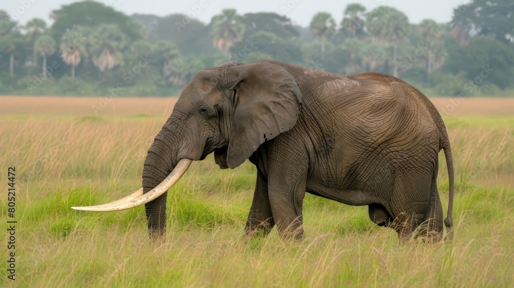   An elephant, featuring long tusks, stands amidst a field of tall grasses and trees in the background