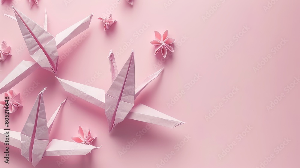 A collection of origami birds atop a pink background, alongside an assortment of pink origami blossoms A collection of origami birds atop a pink background, alongside an assortment of pink origami blossoms