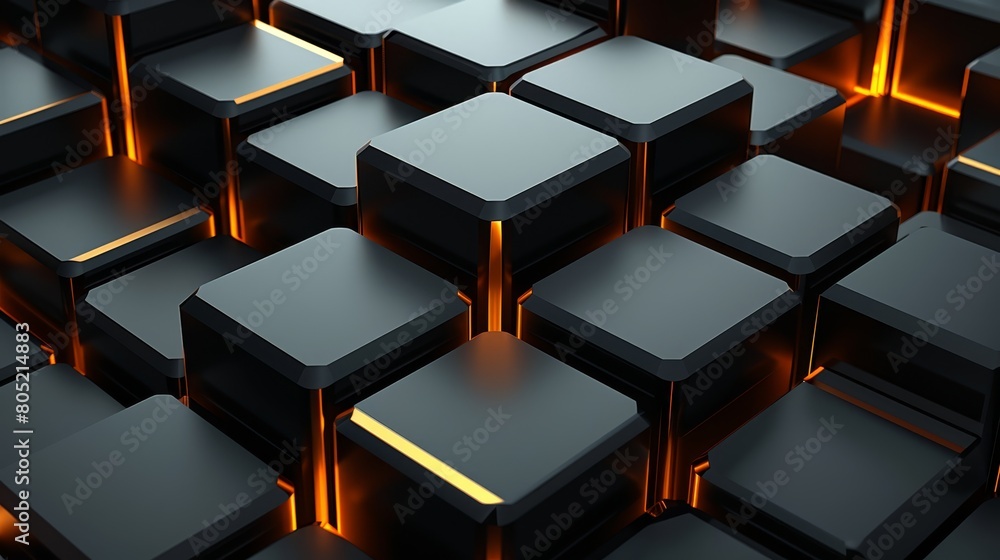 A tight shot of several black cubes on the floor, each containing a yellow light in its center A tight shot of several black cubes on the floor, each containing a yellow light in its center