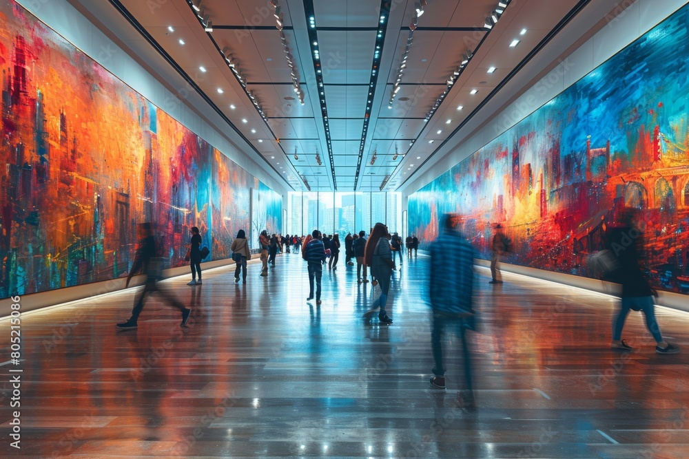 The corridor of an art museum is filled with people admiring the vibrant, large paintings that line the walls in a captivating array
