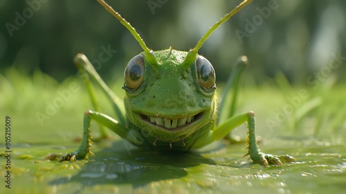   A tight shot of a cheerful green grasshopper, sporting a broad grin, with expansive, bright eyes © Jevjenijs