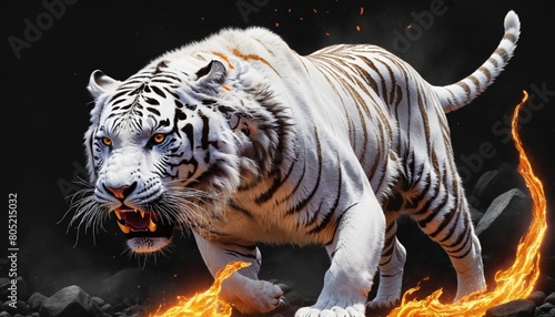 Searing Spectacle: Fantasy Poster Featuring a Flaming White Albino Tiger Amidst Ashes, Embers, and Flames Against a Black Background © Fukurou