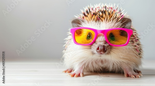 A hedgehog wearing pink glasses sits on a table, gazing at the camera
