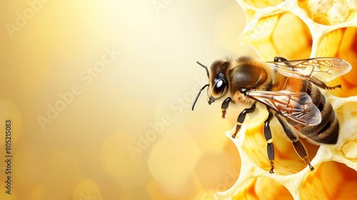   A tight shot of a bee hovering over a beehive Honeycombs occupy the foreground Background subtly blurred photo