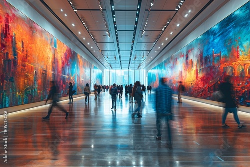 The corridor of an art museum is filled with people admiring the vibrant, large paintings that line the walls in a captivating array