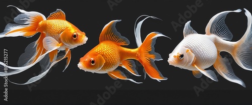 Animals gold fishes pets aquarium freshwater fish banner panorama long - Collection of goldfish (cyprinidae) swimming, isolated on white background,