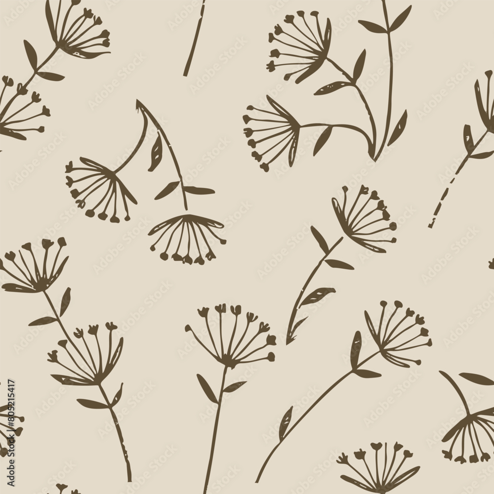 Seamless floral pattern, simple abstract flower ornament with sketch of wild plants. Delicate botanical design with drawing of small dried flowers in a rustic motif. Vector illustration in two colors. Seamless floral pattern, simple abstract flower ornament with sketch of wild plants. Delicate botanical design with drawing of small dried flowers in a rustic motif. Vector illustration in two colors.