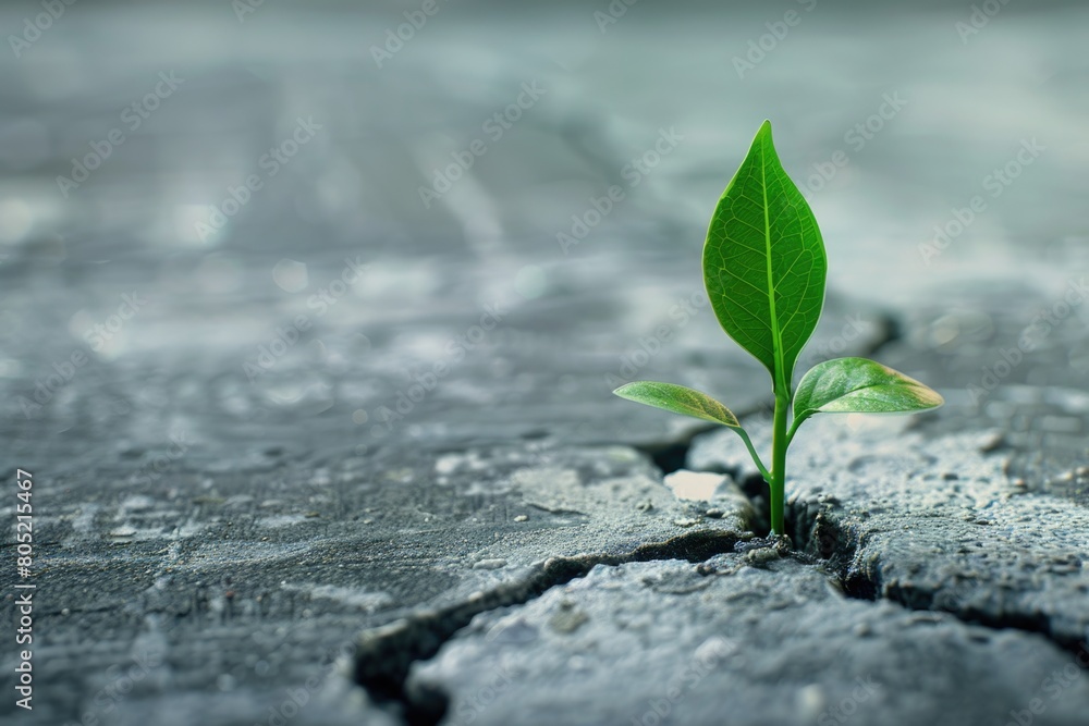 A small plant emerging from a crack in the ground. Suitable for nature and growth concepts A small plant emerging from a crack in the ground. Suitable for nature and growth concepts