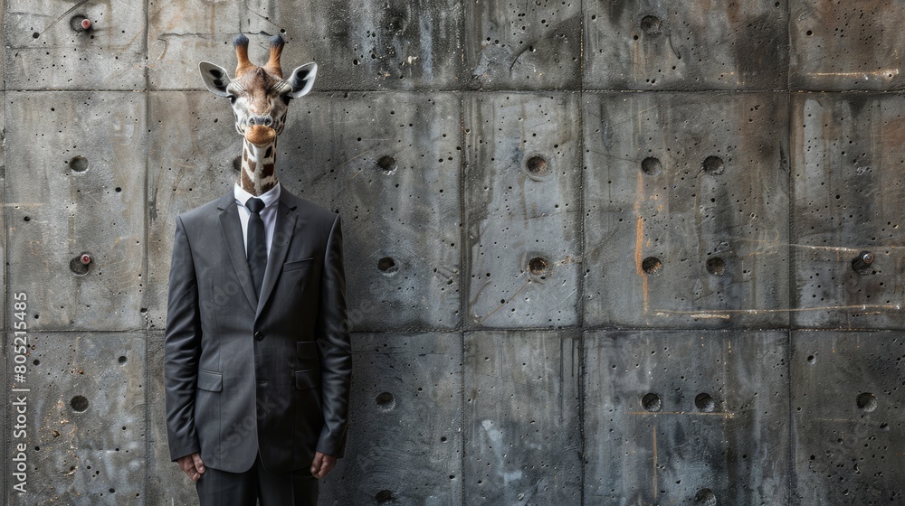   A man stands before a wall with a giraffe head replaced as his own head