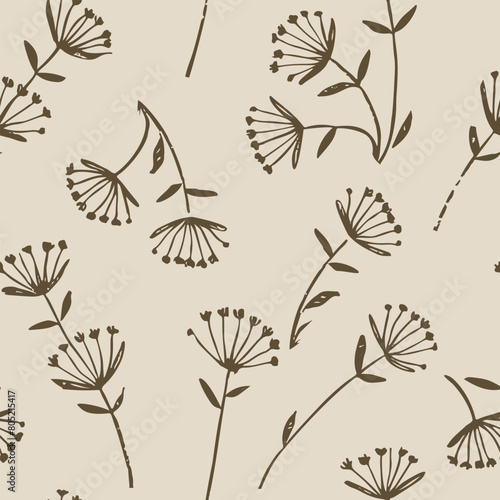 Seamless floral pattern  simple abstract flower ornament with sketch of wild plants. Delicate botanical design with drawing of small dried flowers in a rustic motif. Vector illustration in two colors.