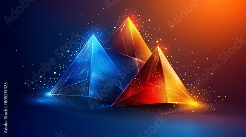  A triangular shape, vibrant with color, against a dark blue backdrop Two intense lights radiate from its top and base