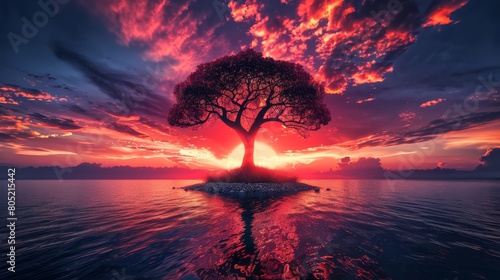  A tree atop a small island, amidst a tranquil body of water, as the sun sets behind