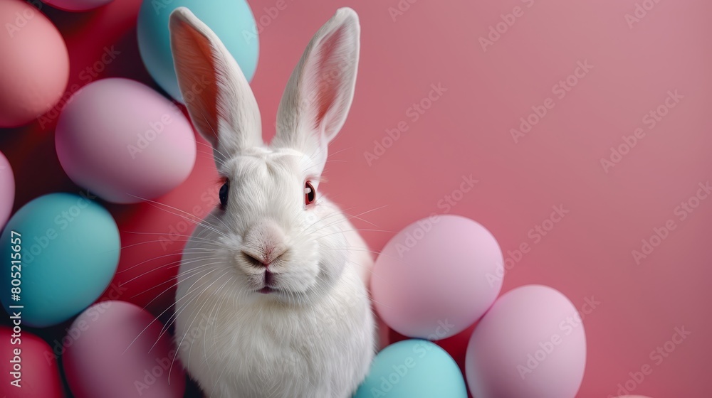 A white rabbit sits before a pink and blue pastel backdrop, surrounded by balls resembling eggs A white rabbit sits before a pink and blue pastel backdrop, surrounded by balls resembling eggs