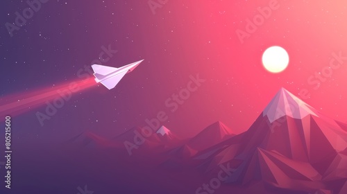   A paper plane soaring over a mountain against a backdrop of a reddened twilight sky, with a radiant sun defying the midnight hour photo