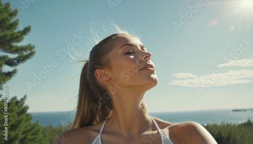 A beautiful young woman sunbathing and breathing fresh air in the middle of nature Illustration