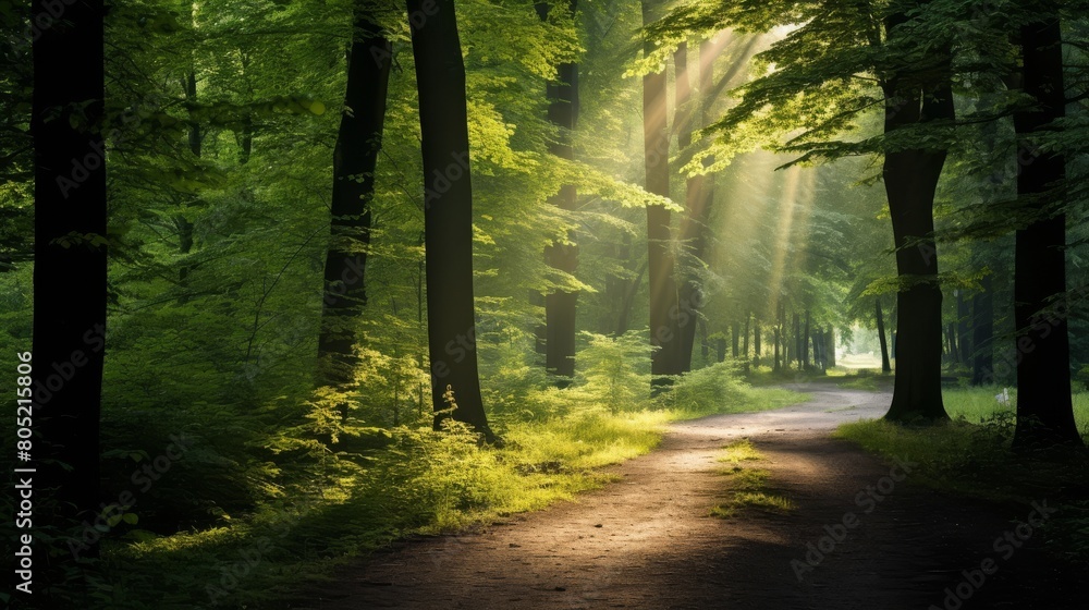 Obraz premium Magical summer scenery in a dreamy forest, with rays of sunlight beautifully illuminating the wafts of mist and painting stunning colors into the trees. High quality photo