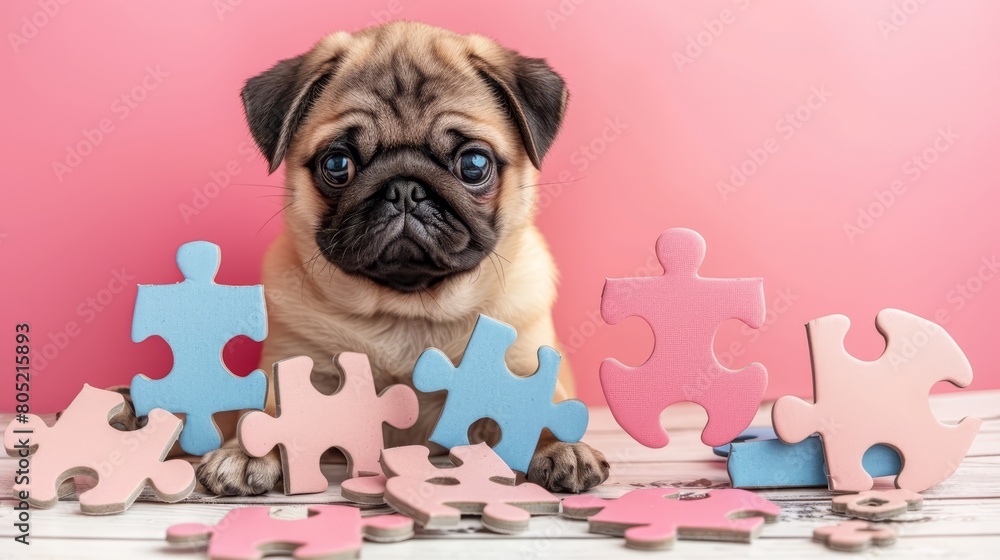   A Pug puppy sits before a pile of puzzle pieces against a pink-and-blue background, with a predominantly pink backdrop