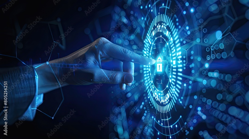 Hand touching digital shield with binary code and dark blue background ...