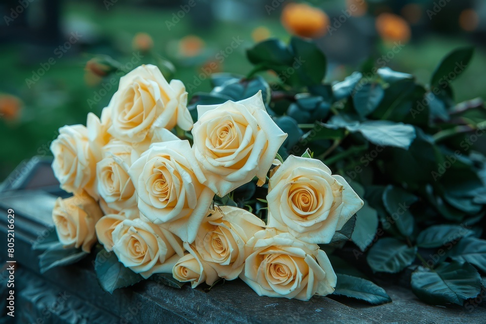 Obraz premium Dew-kissed cream roses with green foliage on a cool morning, evoking purity and the freshness of a new day