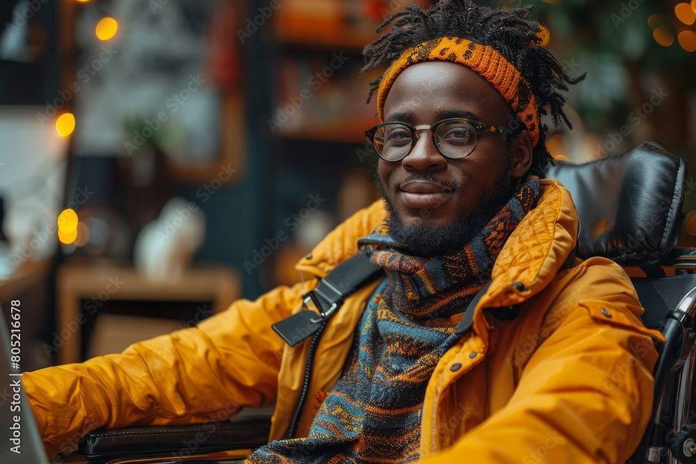 A stylish man in vibrant winter attire works on a laptop, showcasing modern work culture and individuality A stylish man in vibrant winter attire works on a laptop, showcasing modern work culture and individuality