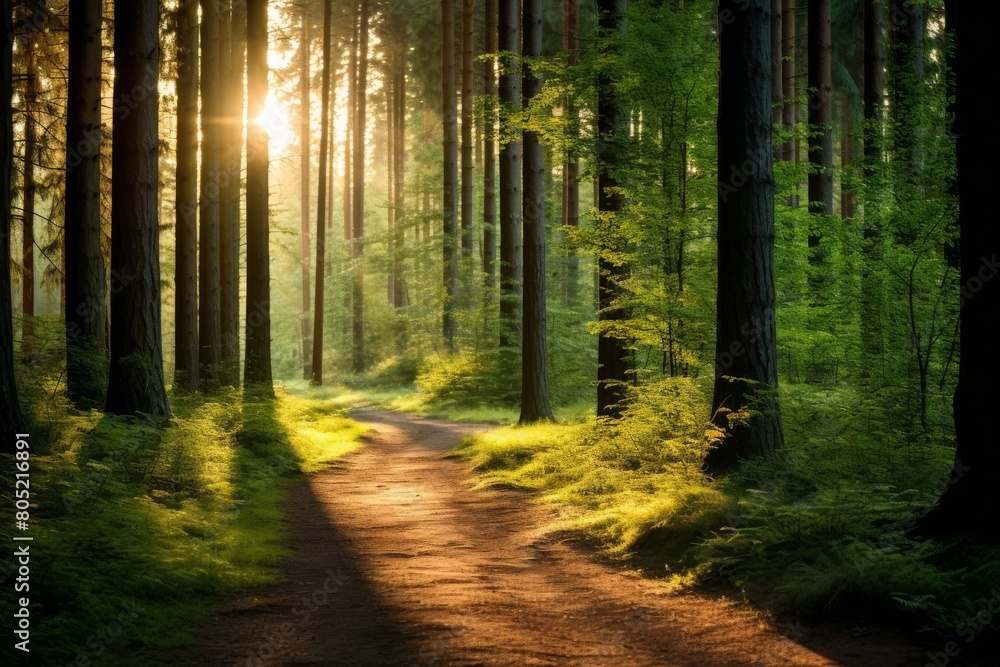 Magical summer scenery in a dreamy forest, with rays of sunlight beautifully illuminating the wafts of mist and painting stunning colors into the trees. High quality photo