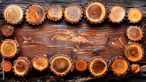   A tight shot of multiple wood rings atop a wooden surface  showcasing its intricate wood grain pattern in the center