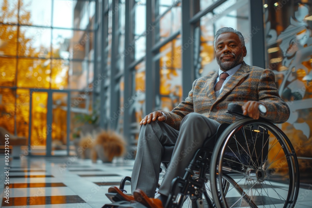 A senior man exhibits poise and elegance seated in a wheelchair against a modern architectural glass structure A senior man exhibits poise and elegance seated in a wheelchair against a modern architectural glass structure