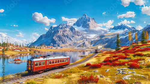 Iconic red Swiss train traveling through a snowy alpine landscape, showcasing the majestic beauty of the Swiss Alps