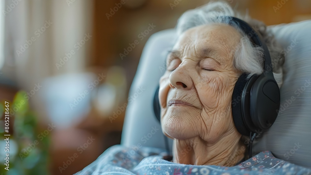 Fototapeta premium Senior woman wearing headphones receiving sound therapy for balance and overall well-being. Concept Sound Therapy, Senior Health, Wellness, Balance, Headphones, Aging Gracefully