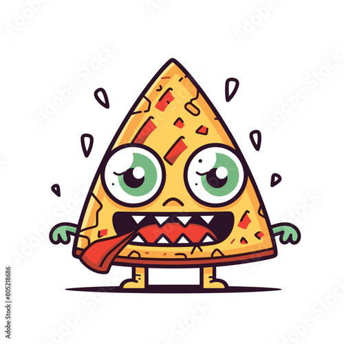 Cartoon pizza slice character sweating, looking scared. Anthropomorphic pizza cartoon illustration, isolated white background. Cute character large eyes mouth, standing anxiously